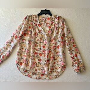 Pleione Floral Blouse Size M Sheer Button Front Long Sleeve Top